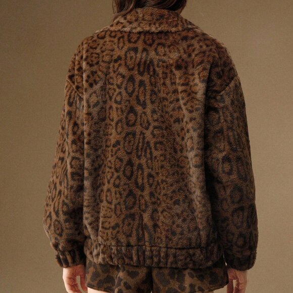 Brown Women's Leopard Print Faux Fur beaded detailed Collar Zip up Short Jacket - Picture 3 of 10